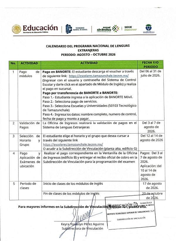 CALENDARIO DEL PROGRAMA NACIONAL DE LENGUAS EXTRANJERAS AGOSTO - OCTUBRE 2026