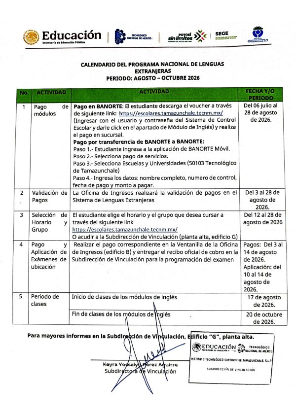 CALENDARIO DEL PROGRAMA NACIONAL DE LENGUAS EXTRANJERAS AGOSTO - OCTUBRE 2026