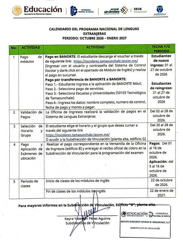 CALENDARIO DEL PROGRAMA NACIONAL DE LENGUAS EXTRANJERAS AGOSTO - OCTUBRE 2026